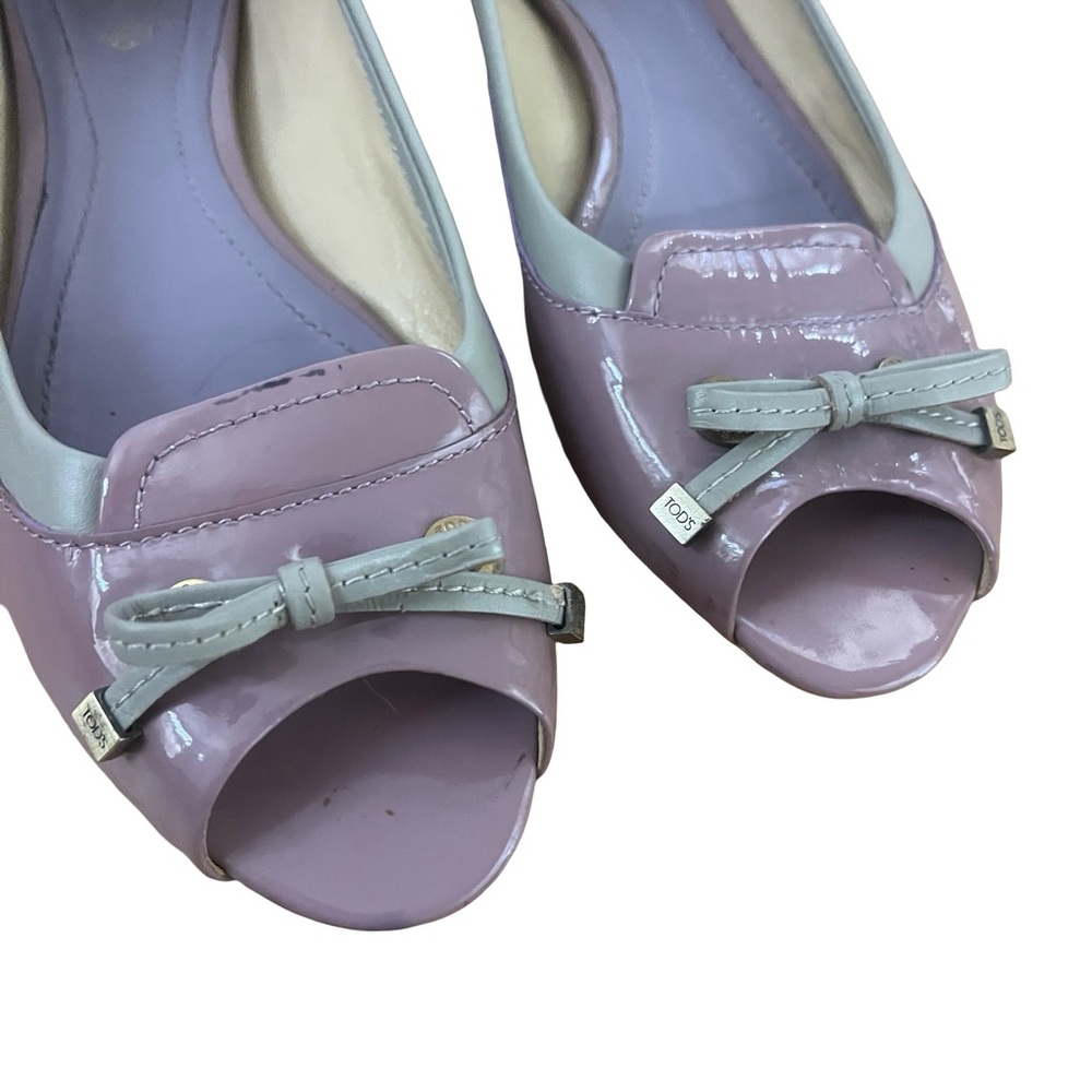 TOD’S Patent Leather Lavender & Gray Peep Toe Flats w/ Bow Sz 38 US 7/7.5 luxury - Picture 3 of 12